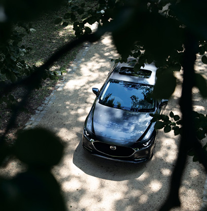A peek of a Mazda3 Sedan through the trees