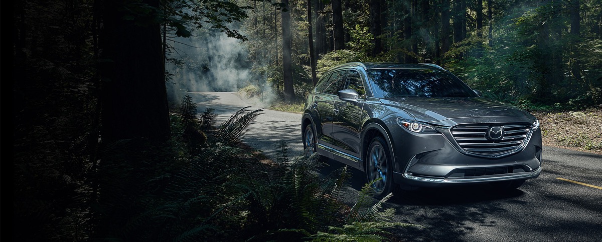 Gray Mazda CX-9 driving through the forest