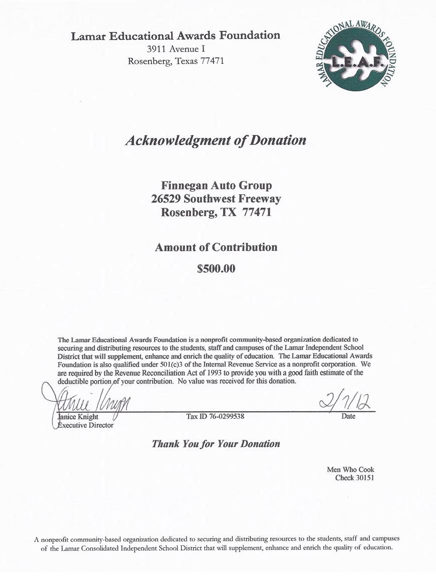 Acknowledgment of donation
