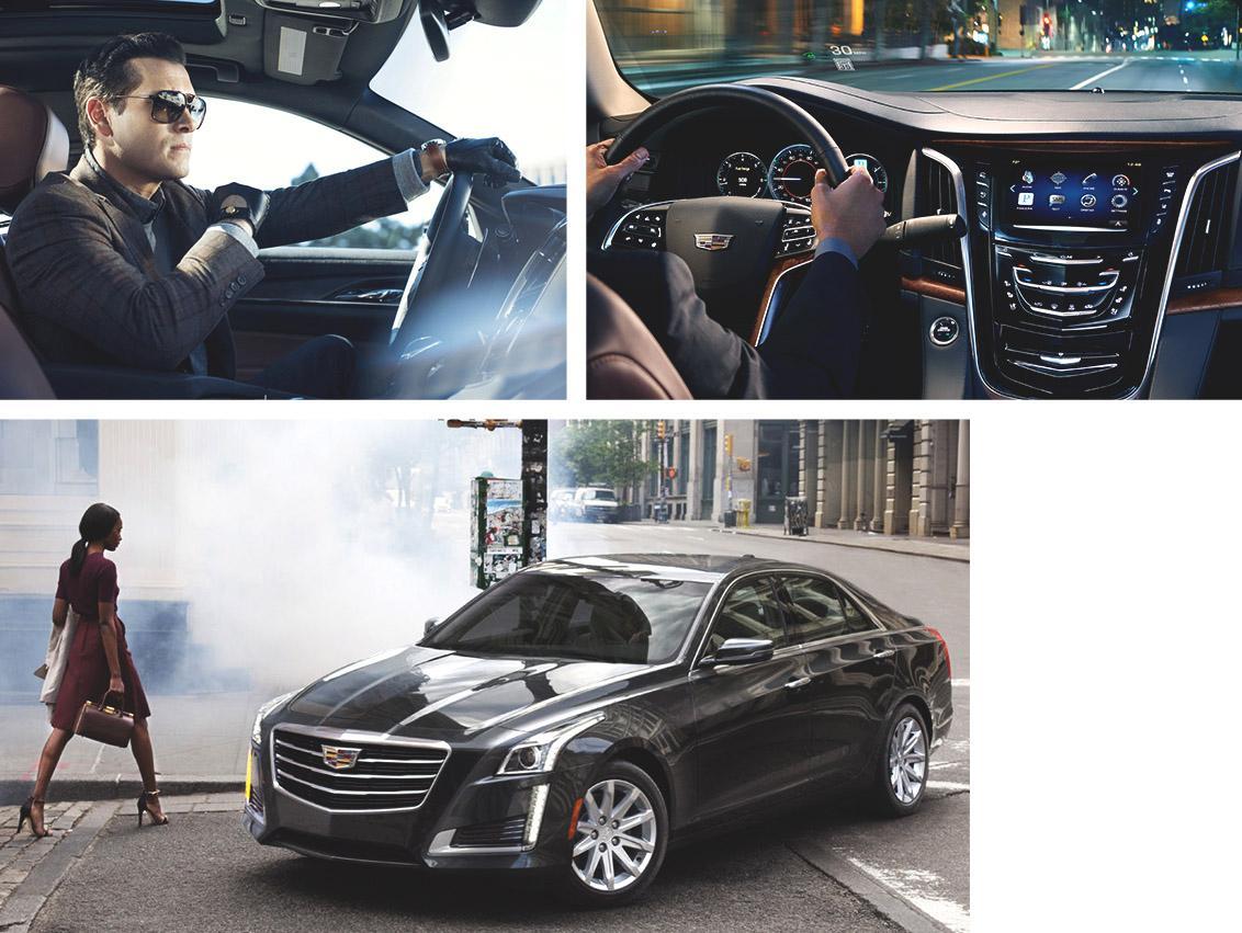 Man driving, Cadillac exterior, and Cadillac exterior collage