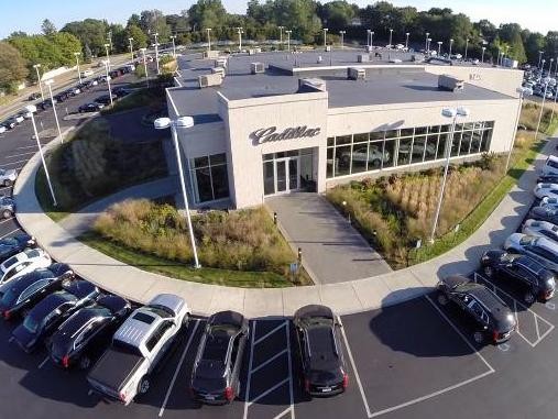 Aerial view of Cadillac car showroom in Norwood, MA