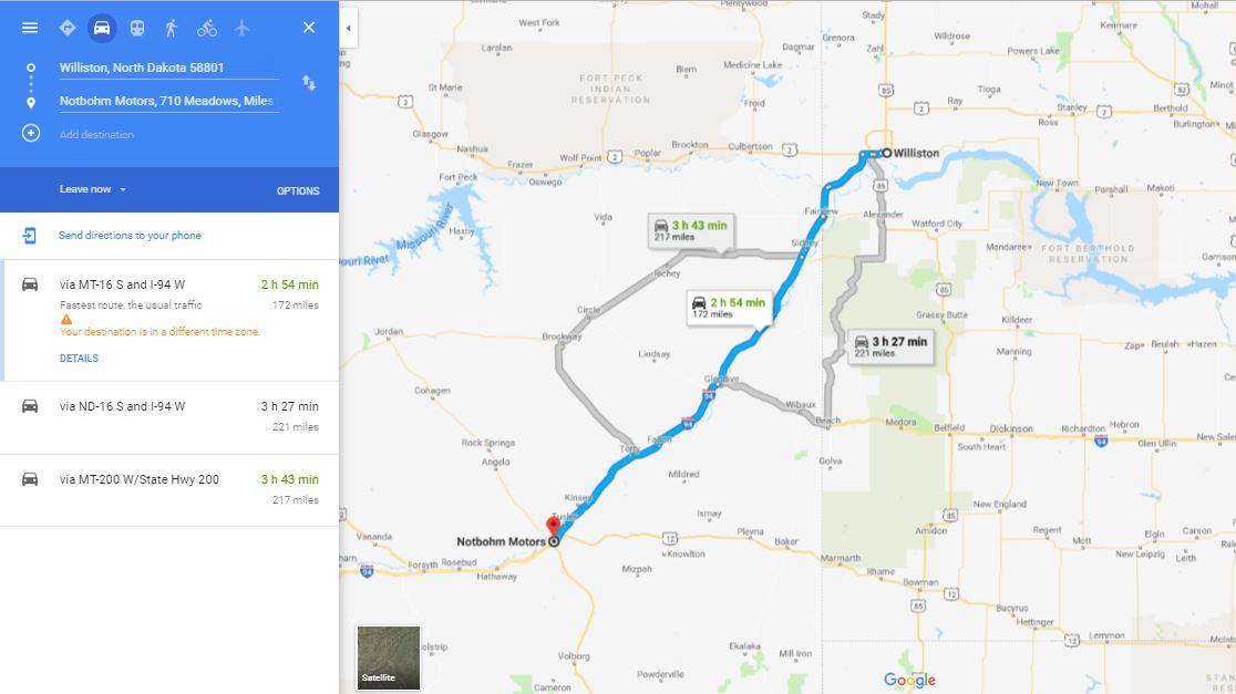 map Williston north dakota to notbohm car dealership 