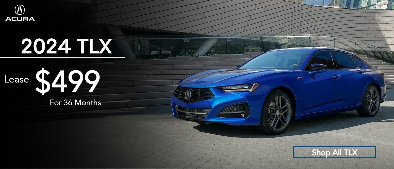 Acura TLX Parked outdoor 

Lease $499* Per month for 36 months. $5,299 Total due at signing.

*Closed-end lease for 2024 TLX TECH 10 Speed Automatic vehicles (UB5F4RGNW) available from May 1, 2024 through July 1, 2024, available to well-qualified lessees approved by Acura Financial Services. Not all lessees will qualify. Higher lease rates apply for lessees with lower credit ratings. Lease offers vary based on MSRP. MSRP $46,195.00 (includes destination; excludes taxes, titles, license and documentary service fees). Actual net capitalized cost $40,705.58. Net capitalized cost includes $595 acquisition fee. Dealer contribution may vary and could affect actual lease payment. Total monthly payments $17,964.00. Option to purchase at lease end $25,407.25.
Must take new retail delivery of vehicle from dealer stock by July 1, 2024. Lessee responsible for maintenance, excessive wear/tear and 15¢/mile over 10,000 miles/year for vehicles with MSRP less than $30,000, and 20¢/mile over 10,000 miles/year for vehicles with MSRP of $30,000 or more. See your Acura dealer for complete details.