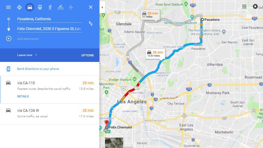 map Pasadena to felix used car dealership 