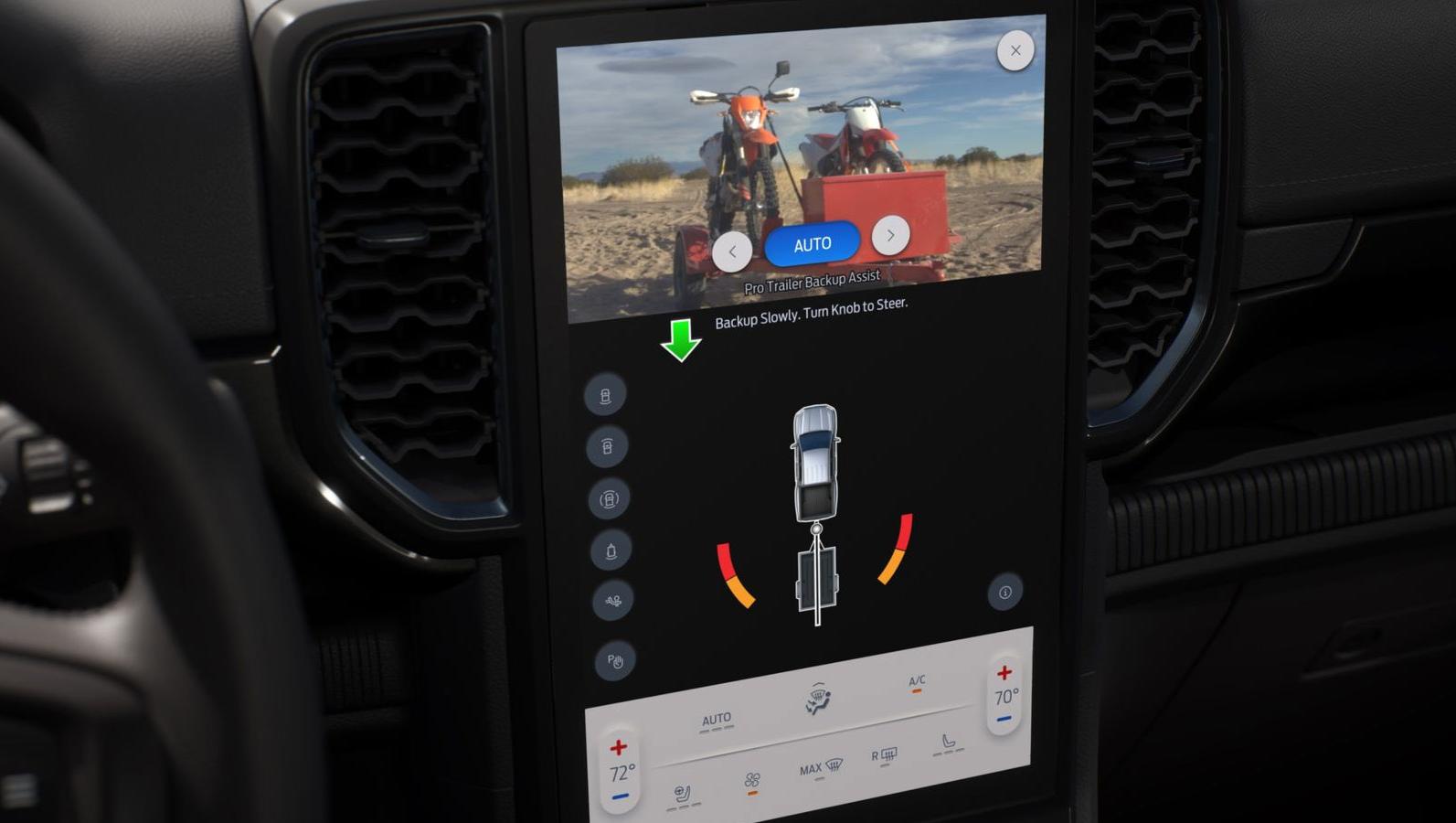 Close-up of the 2024 Ranger® available 12-inch center stack screen with Pro-Trailer Backup Assist™ being displayed