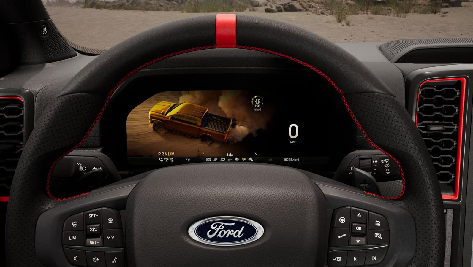 Close-up of the Digital Instrument Cluster displaying MyMode and steering wheel. Raptor shown. 