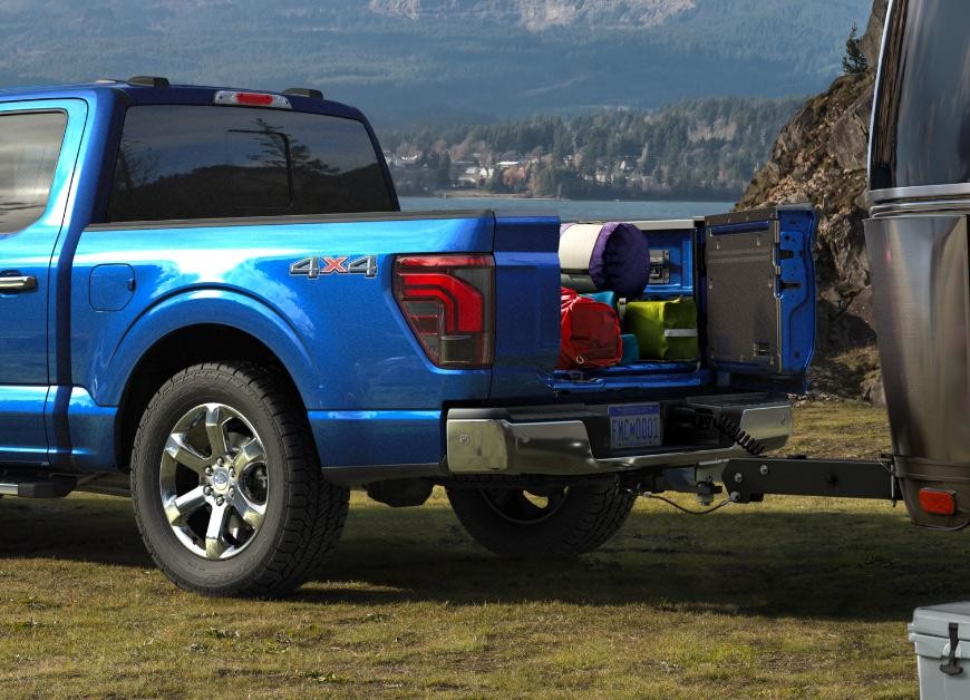 2024 Ford F-150® pickup Pro-Access Tailgate open with gear in the truck bed