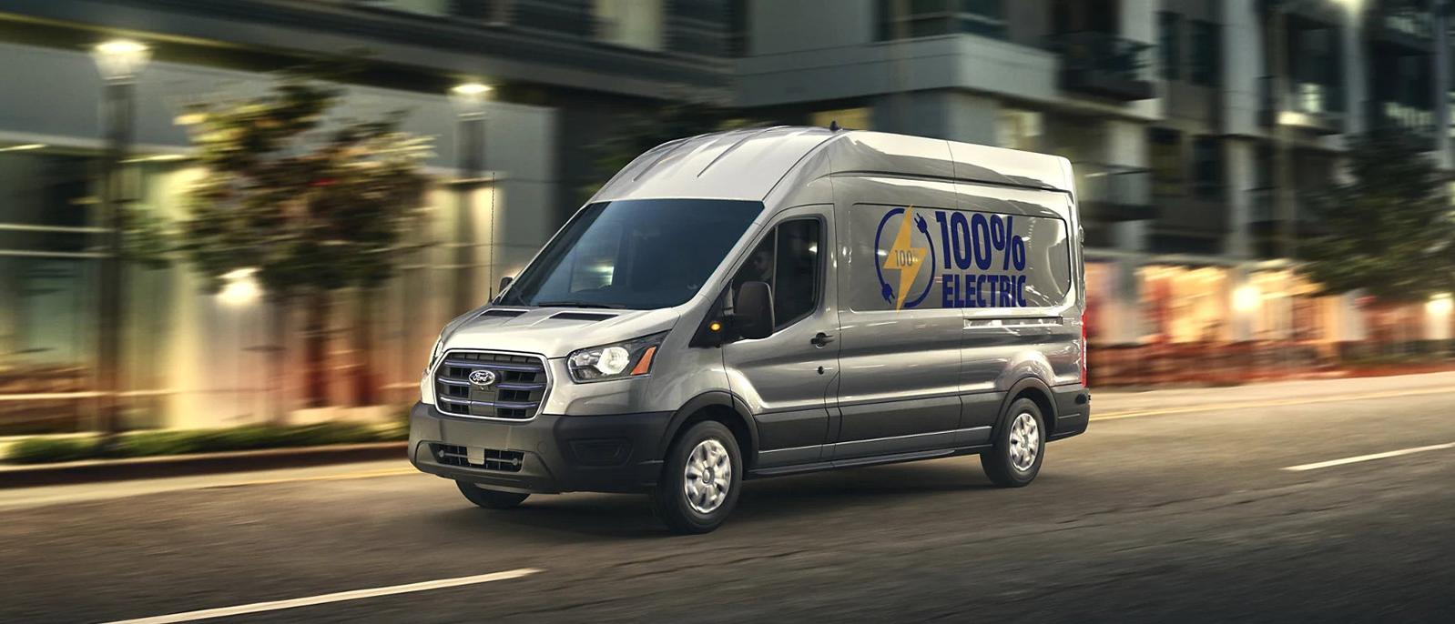2022 Ford E-Transit is running on the road.