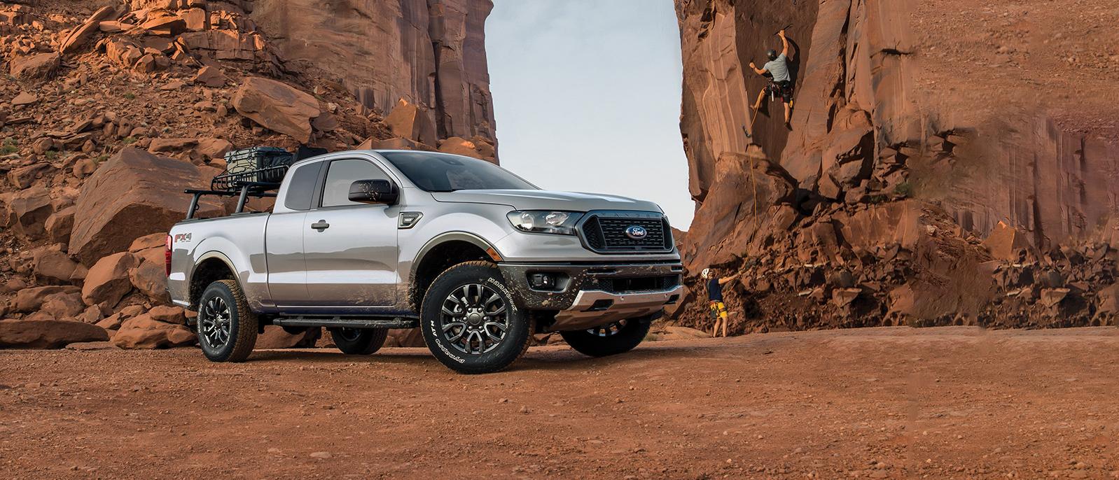 2020 Ford Ranger parked under a cliff.