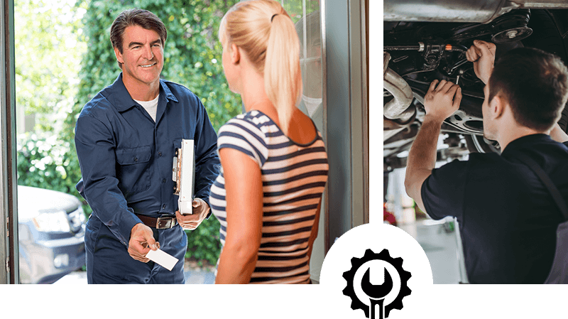 Service mechanic greeting a woman at her door and a mechanic working on a vehicle in a garage