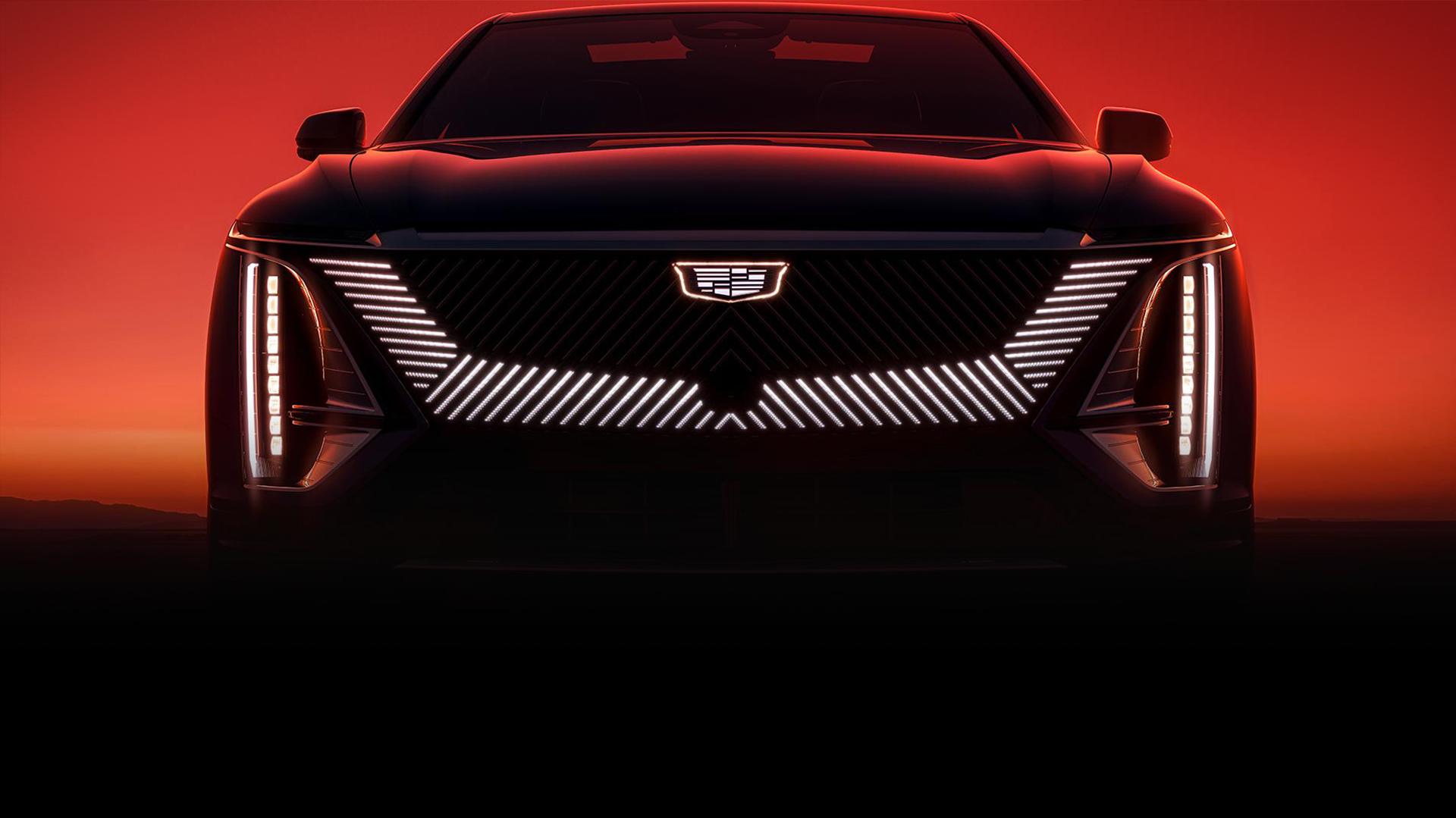 2023 Cadillac Lyriq Exterior grill with red, hazy background