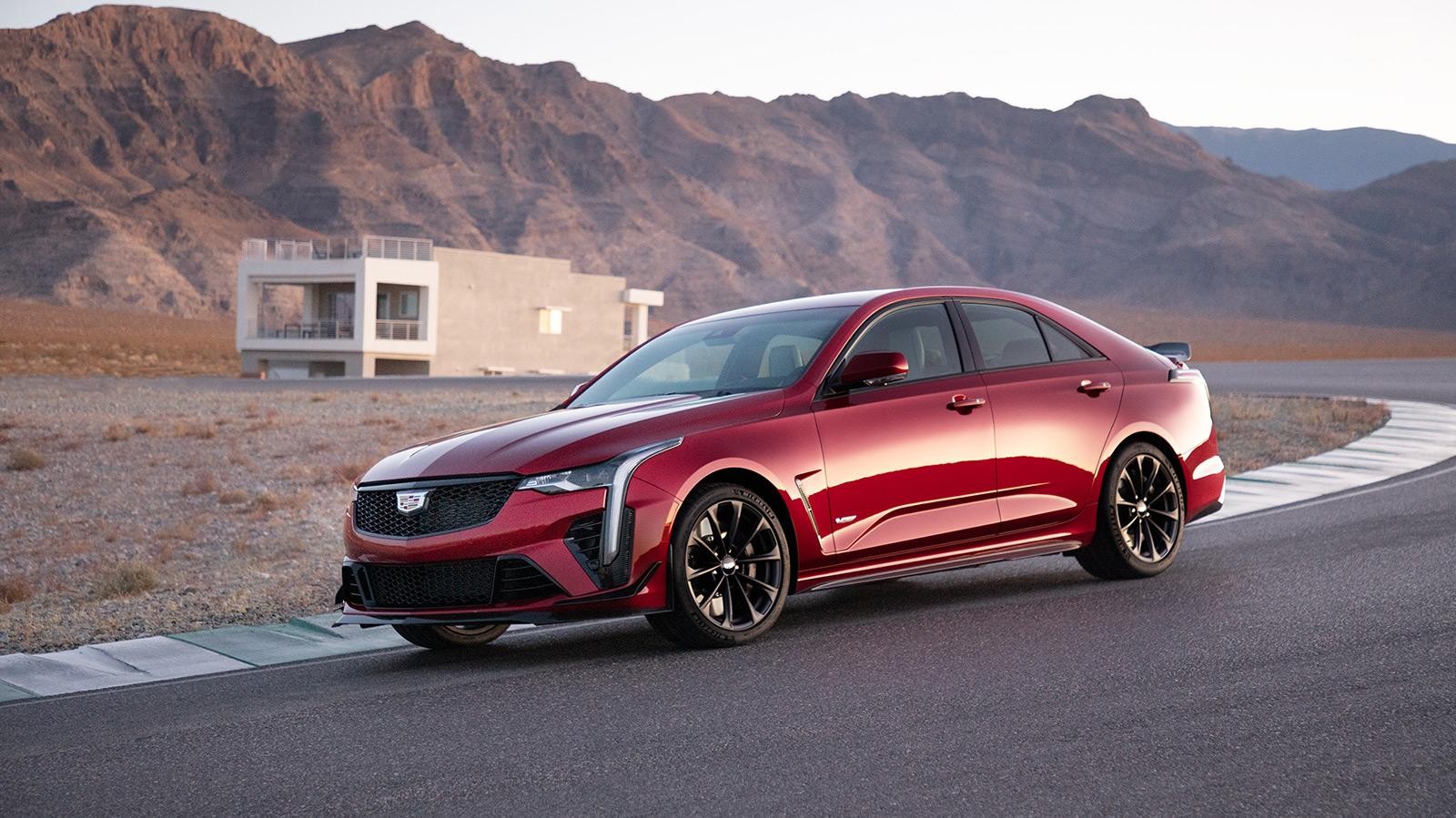 2024 Red Cadillac CT4-V on curvy desert road