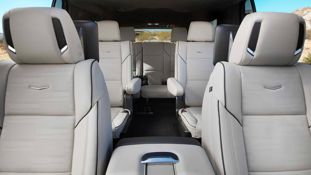 Interior view of the seating in the 2022 Cadillac Escalade, finished in light grey.
