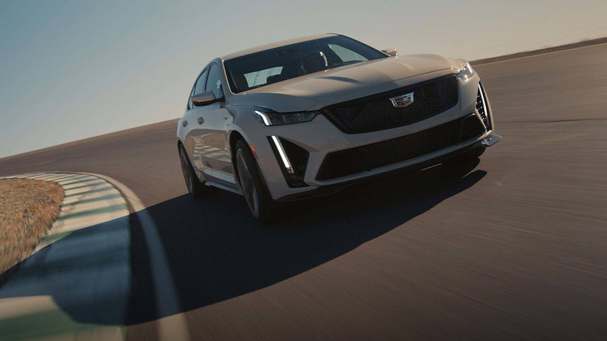 The 2023 Cadillac CT5-V is running on the road.