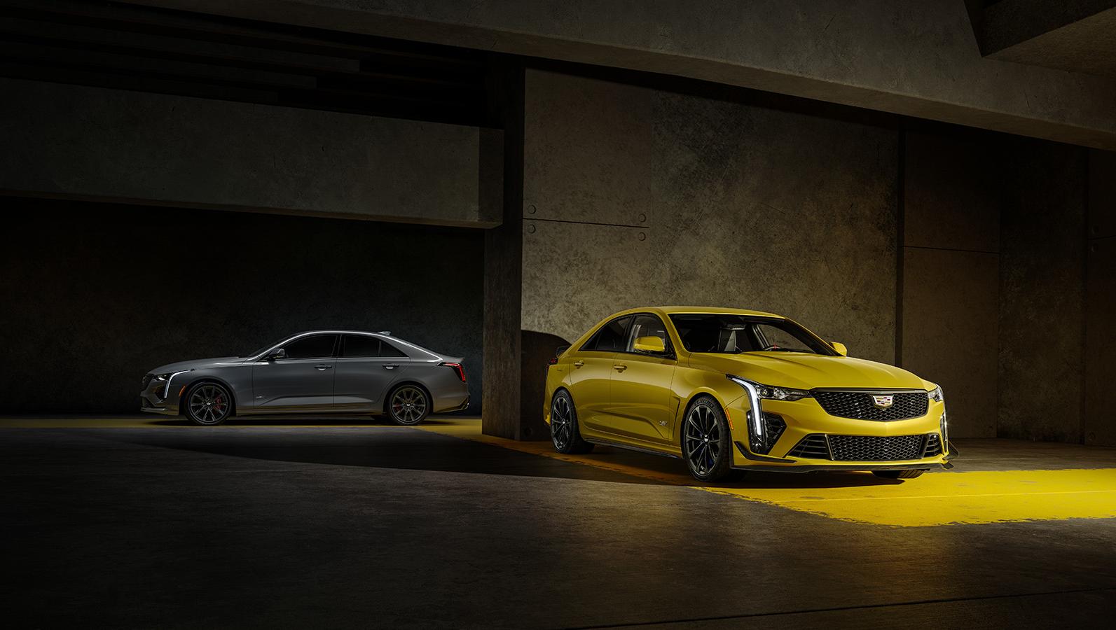 Cadillac CT4-V in Argent Silver Metallic and Cadillac CT4-V Blackwing in Cyber Yellow Metallic.