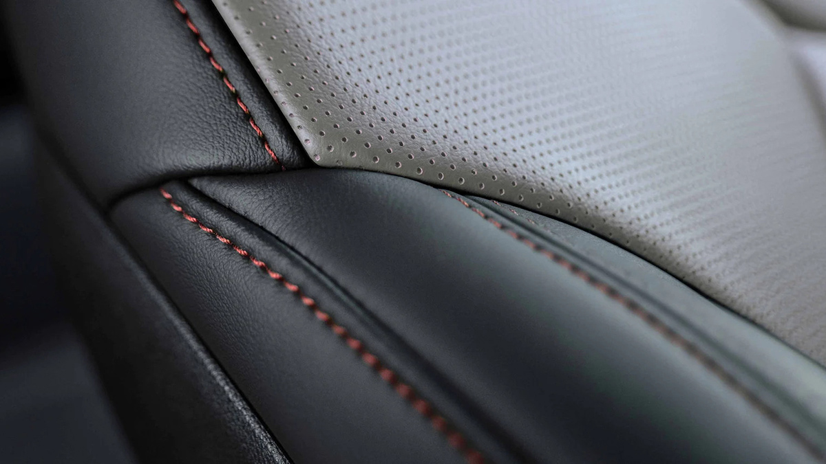 Detail view of the Cadillac CT5 leather upholstery with contrast stitching.