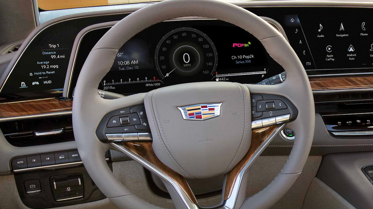 2022 Escalade detail view of the steering wheel.