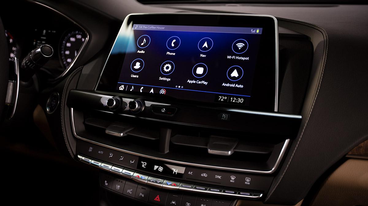 Detail view of the 2020 Cadillac CT5 user experience touchscreen controls.