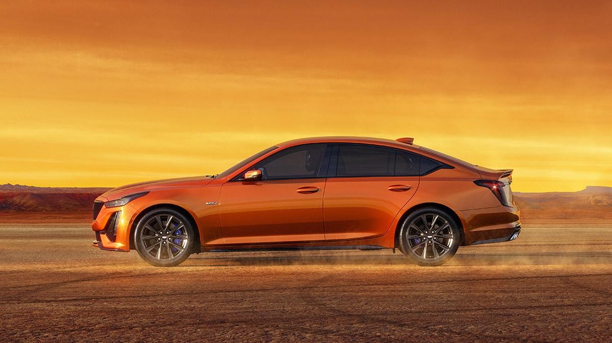 The orange 2023 Cadillac CT5-V in the desert area.