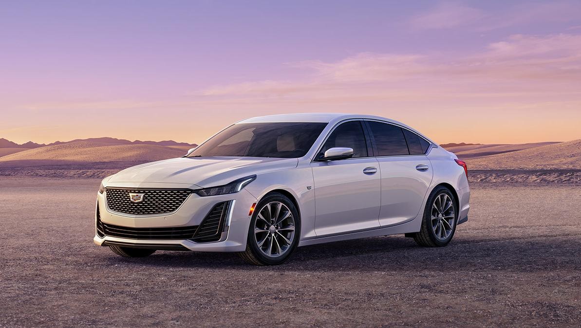 The white 2023 Cadillac CT5 in the desert area.