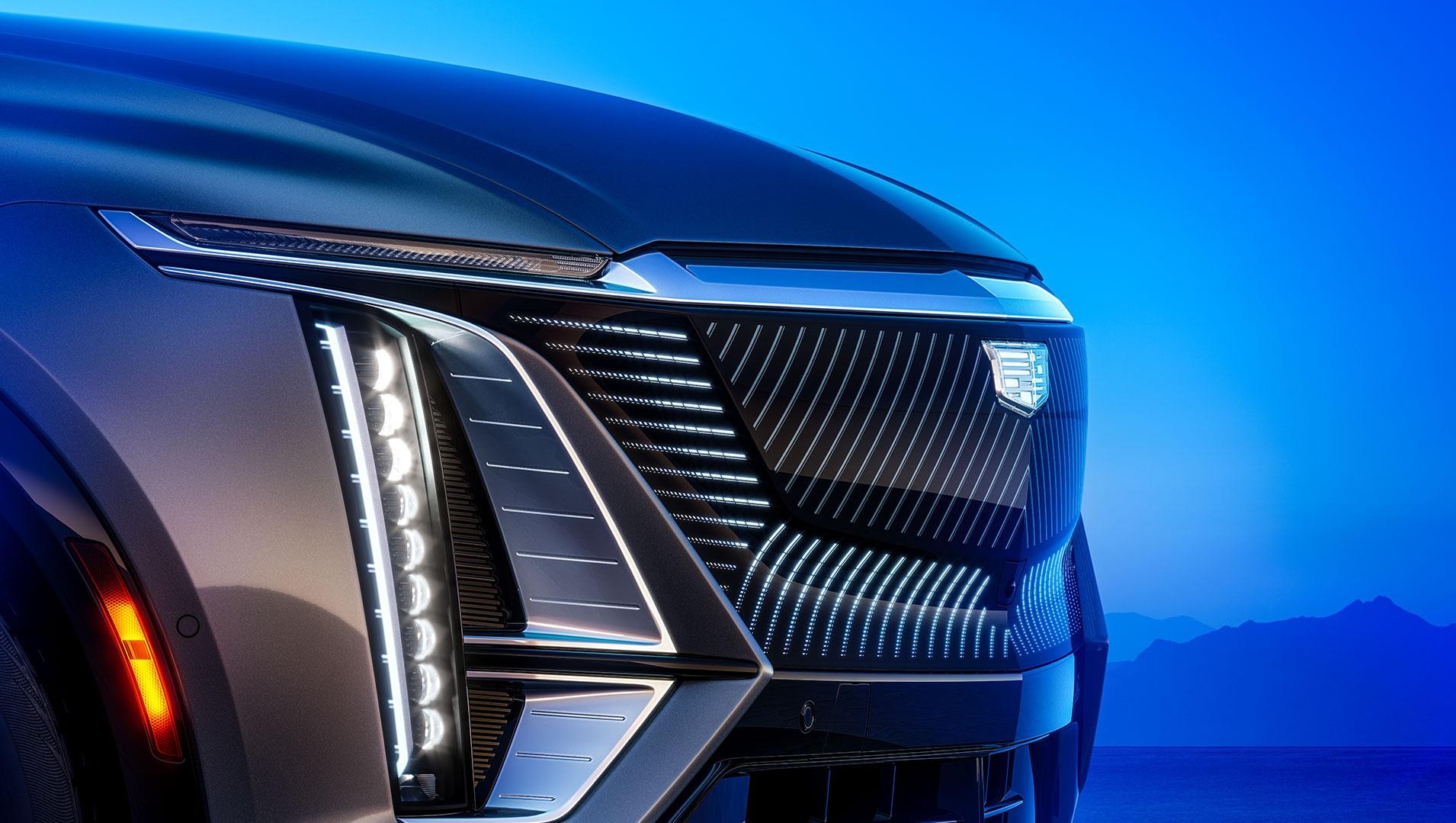 The Black Crystal Shield and LED Headlamps of the Cadillac LYRIQ