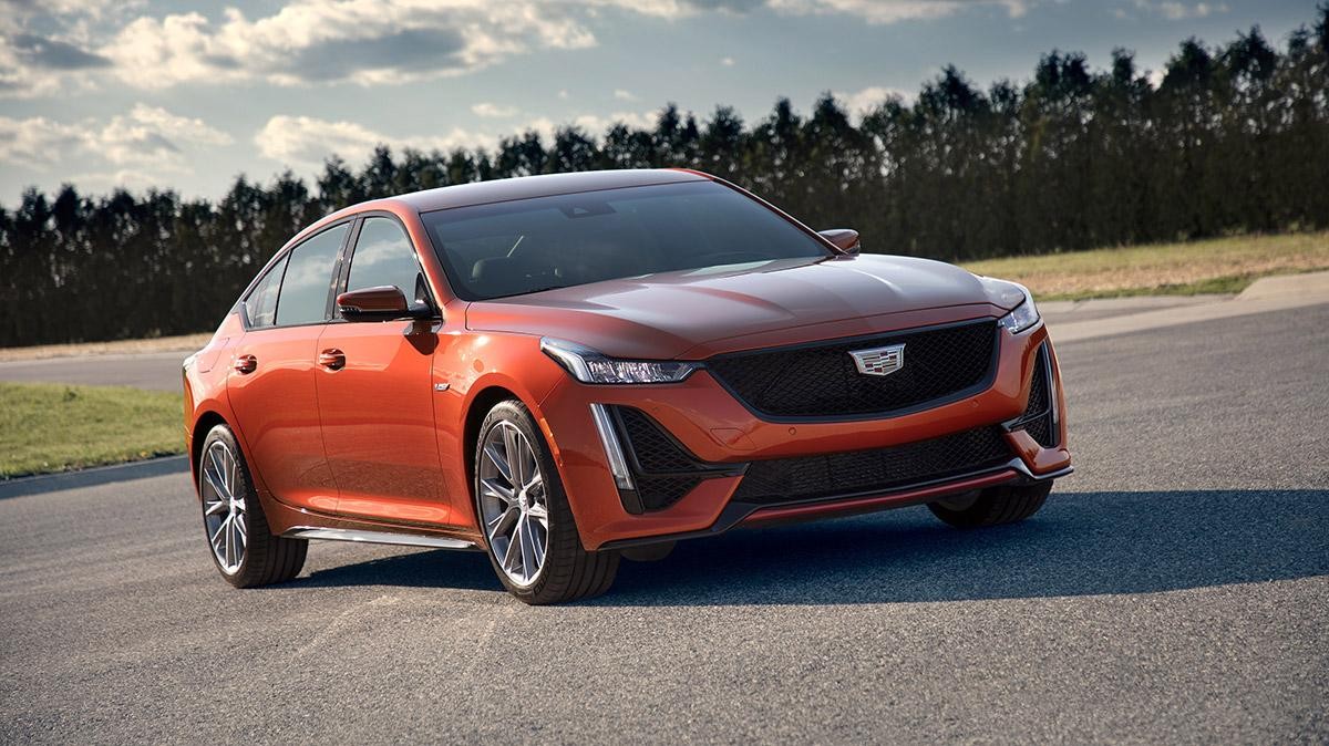 An orange 2020 Cadillac CT5-V parked on a track.