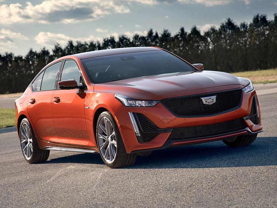 An orange 2020 Cadillac CT5-V parked on a track.