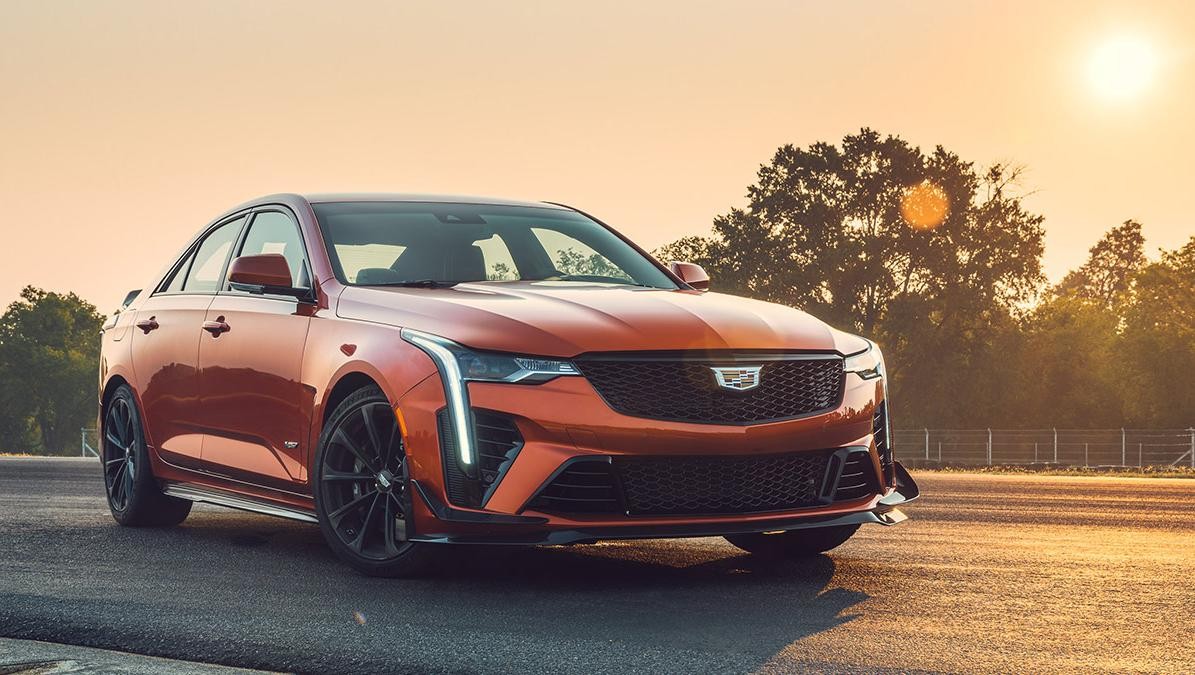 Orange Cadillac CT4-V Blackwing front view during sunset