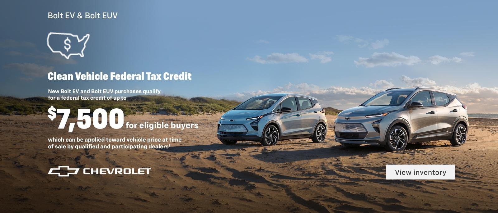 New Bolt EV and EUV purchases qualify for a federal tax credit of up to $7,500 for eligible buyers, which can be applied toward vehicle price at time of sale by qualified and participating dealers.