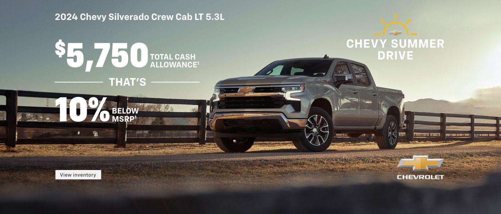 2024 Chevy Silverado 1500 Crew Cab LT 5.3L. Accept all challenges. $5,750 total cash allowance. That's, 10% below MSRP.