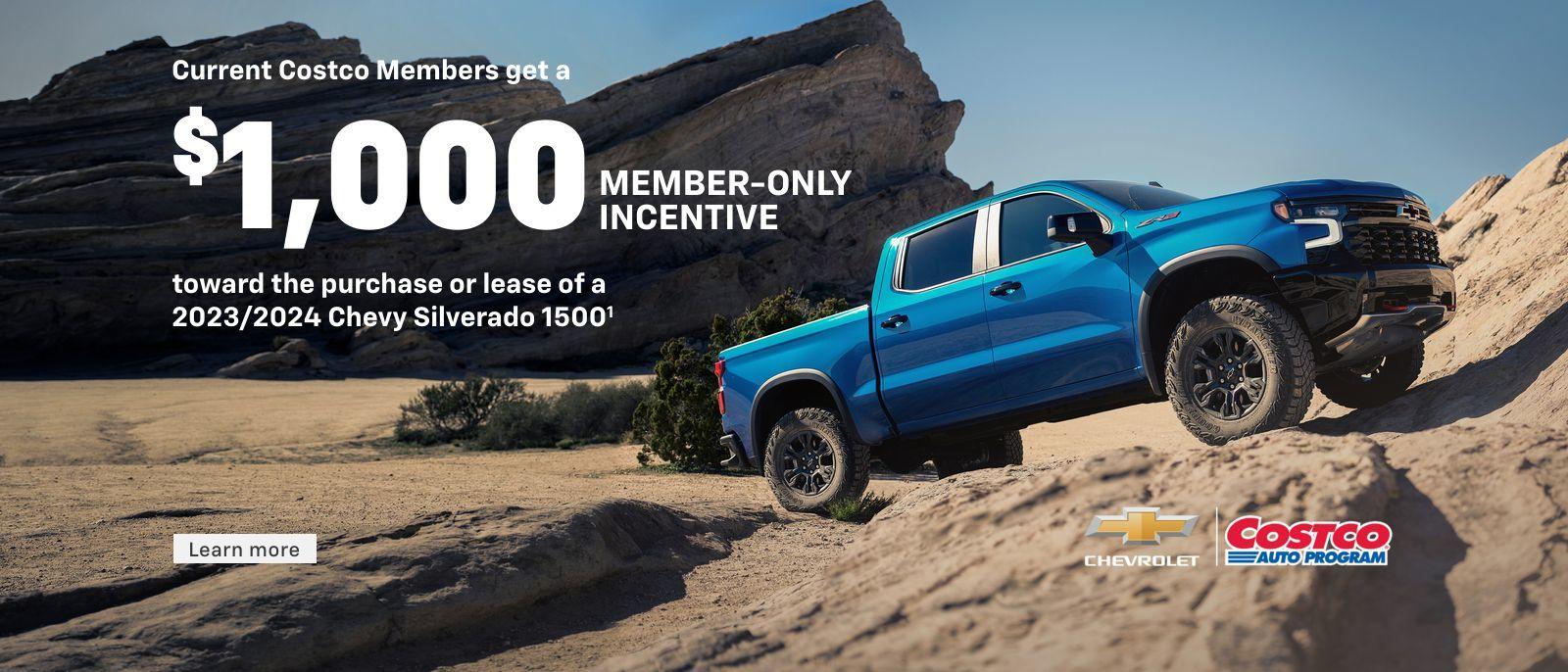 2024 Chevy Silverado 1500 Crew Cab. Accept all challenges. Current Costco members get a $1,000 member-only incentive toward the purchase or lease of a 2024 Silverado 1500 Crew Cab.
