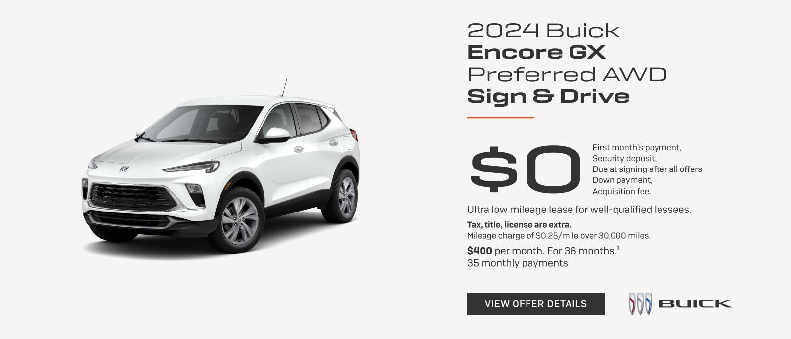 SIGN & DRIVE

$0
FIRST MONTH'S PAYMENT
SECURITY DEPOSIT
DUE AT LEASE SIGNING AFTER ALL OFFERS
DOWN PAYMENT
ACQUISITION FEE

Ultra low mileage lease for well-qualified lessees.

Tax, title, license are extra. Mileage charge of $0.25/mile over 32,500 miles.

$343 per month. For 39 months.1
38 monthly payments