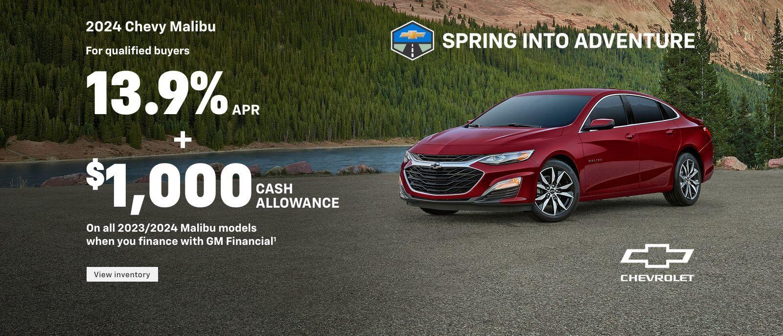 2024 Chevy Malibu LT. For qualified buyers 13.9% APR. Or, $1,000 cash allowance on all 2023/2024 Malibu models when you finance with GM Financial.