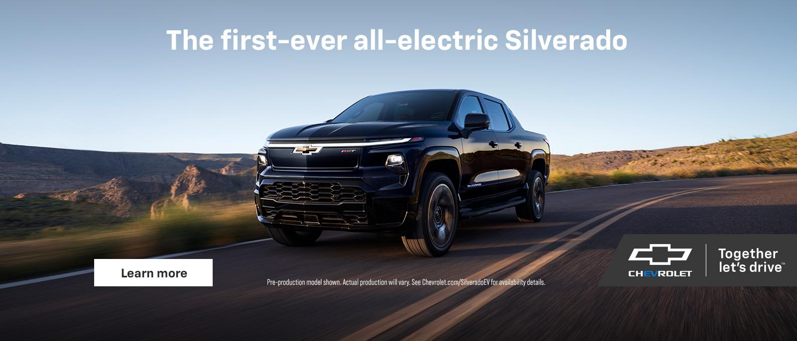 The first-ever all-electric Silverado. Pre-production model shown. Actual production will vary. See Chevrolet.com/SilveradoEV for availability details.