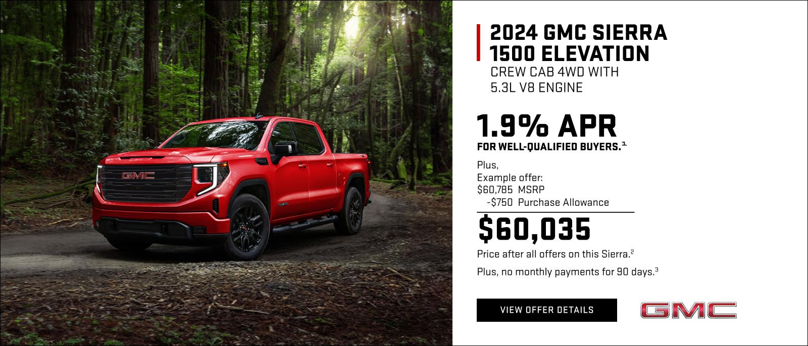1.9% APR for well-qualified buyers.1

Plus,

Example offer:
$60,785 MSRP
$750 Purchase Allowance
$60,035 Price after all offers on this Sierra.2

Plus, no monthly payments for 90 days. 3