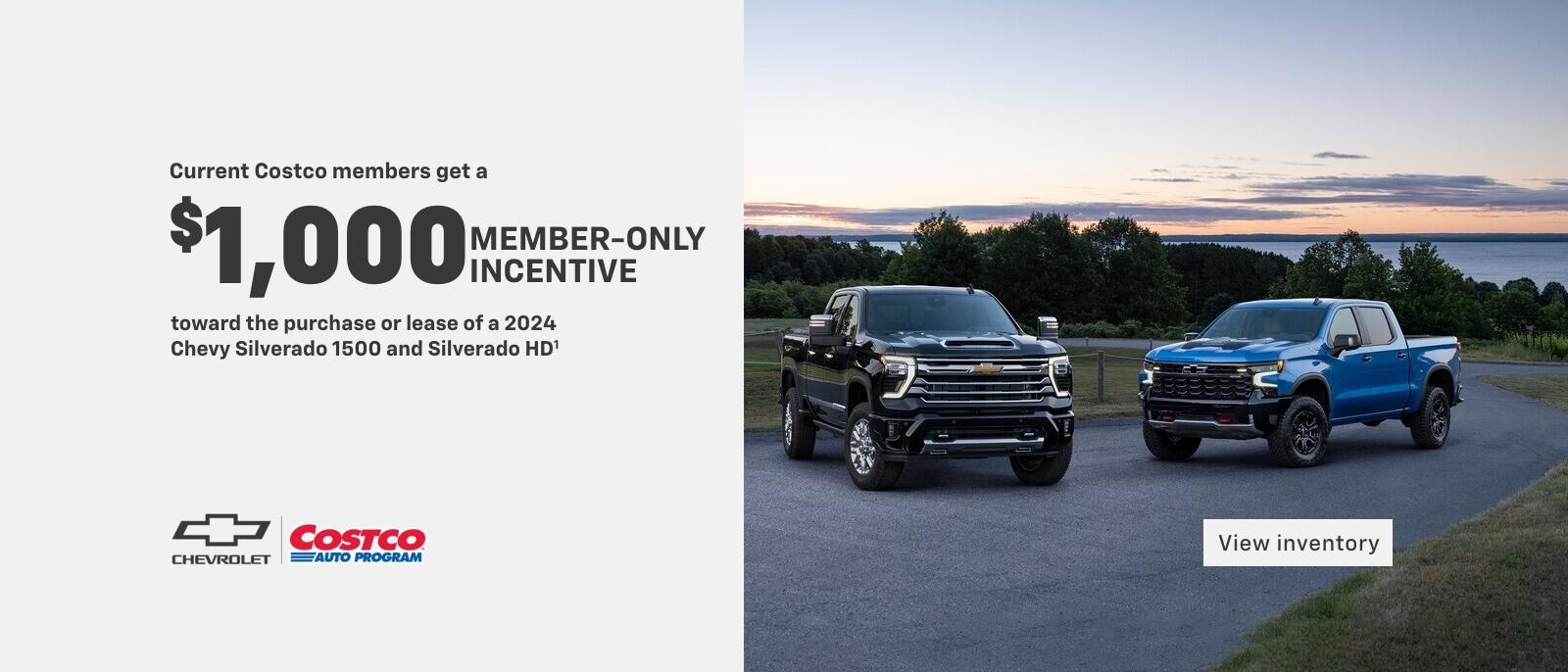 Current Costco members get a $1,000 member-only incentive toward the purchase or lease of a 2024 Chevy Silverado 1500 and Silverado HD.