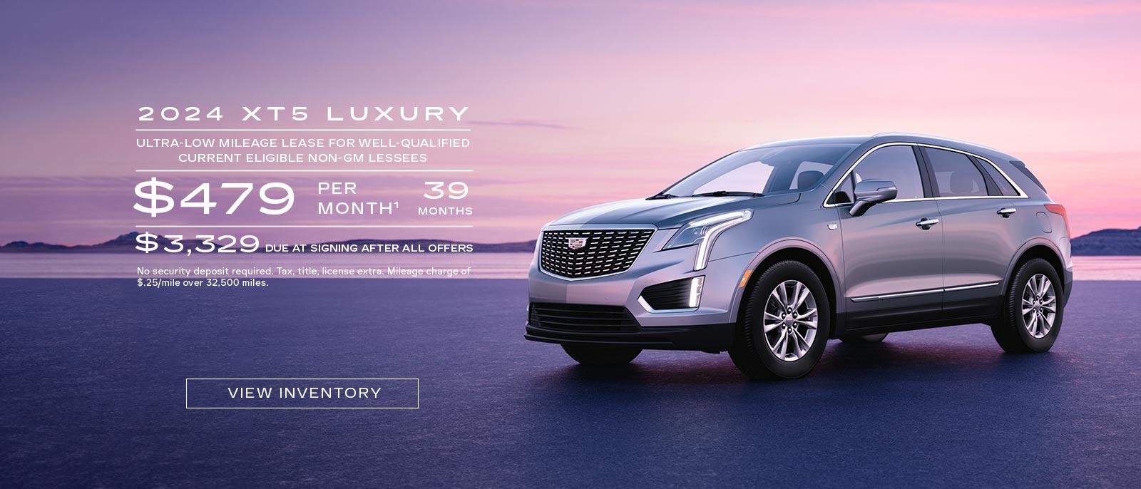 2024 XT5 Luxury. Ultra-low mileage lease for well-qualified current eligible Non-GM Lessees. $479 per month. 39 months. $3.329 due at signing after all offers.