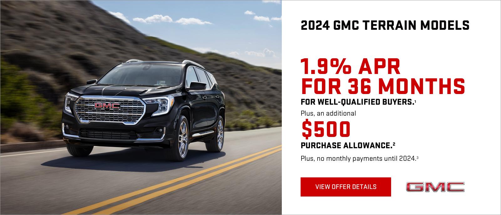 1.9% APR for 36 MONTHS for well-qualified buyers.1

Plus, receive an additional $500 PURCHASE ALLOWANCE.2

PLUS, NO MONTHLY PAYMENTS UNTIL 2024. 3