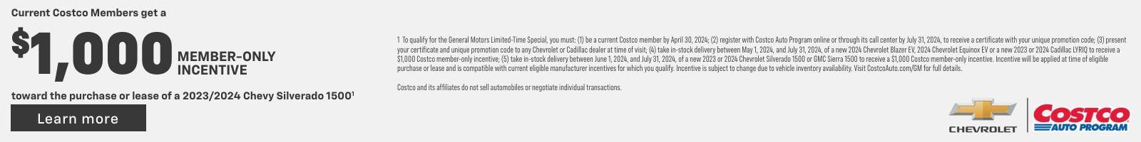 2024 Chevy Silverado 1500 Crew Cab. Accept all challenges. Current Costco members get a $1,000 member-only incentive toward the purchase or lease of a 2024 Silverado 1500 Crew Cab.