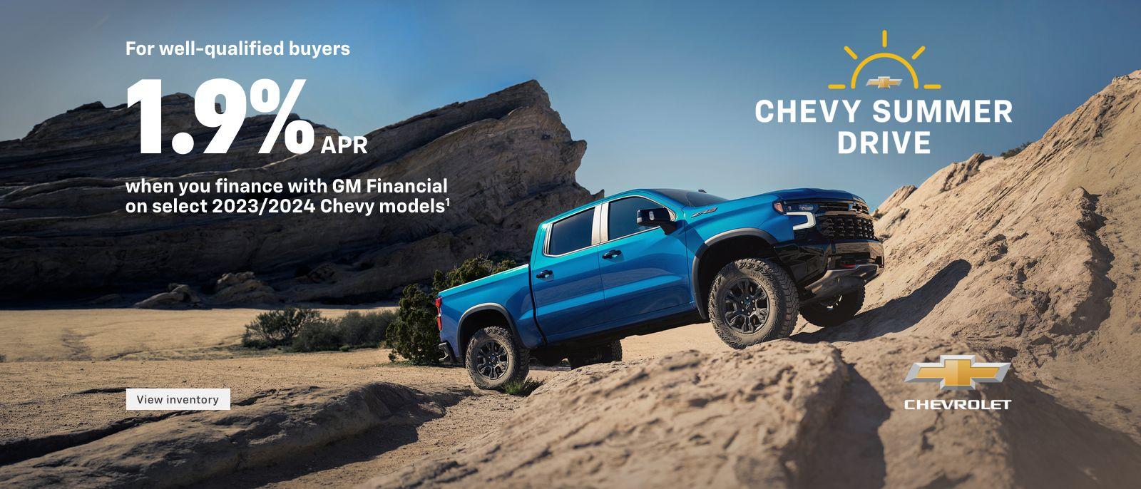 For well-qualified buyers 1.9% APR when you finance with GM Financial on select 2023/2024 Chevy models.