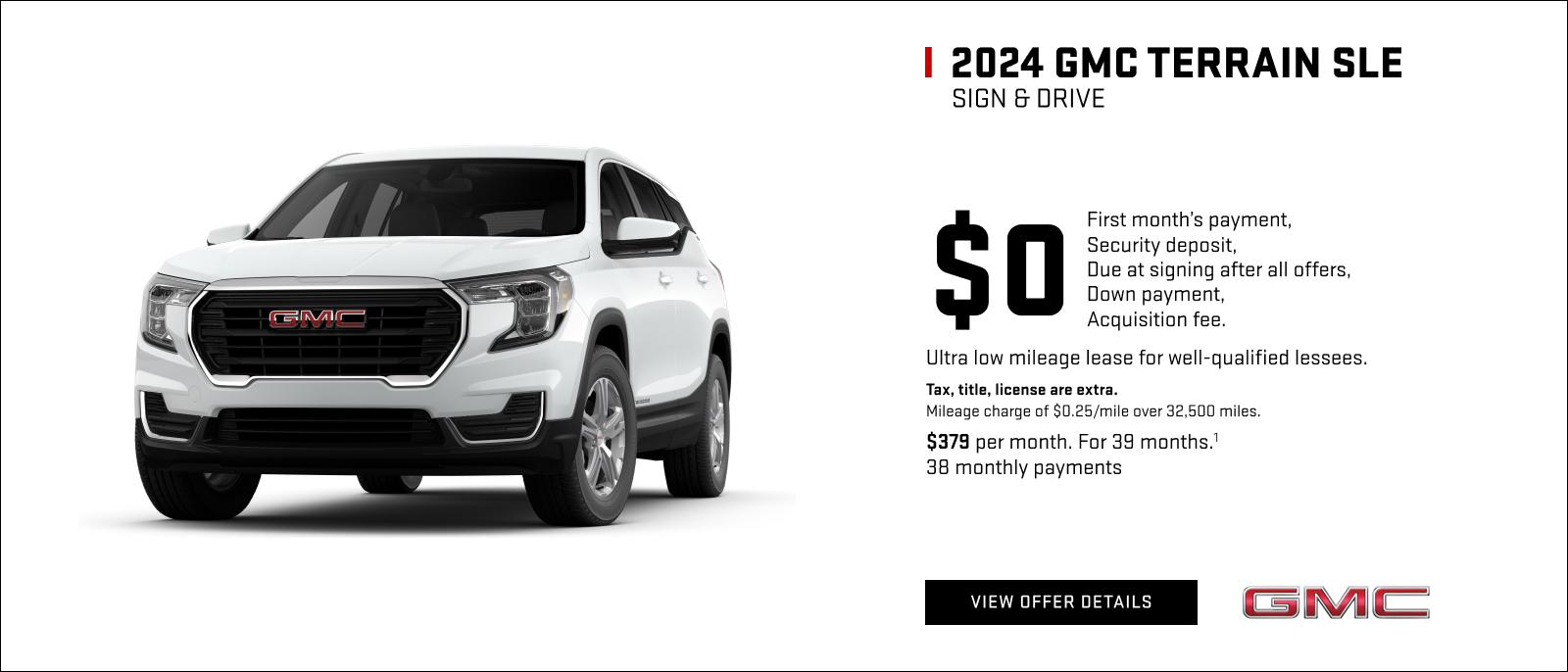 SIGN & DRIVE

$0
FIRST MONTH'S PAYMENT
SECURITY DEPOSIT
DUE AT LEASE SIGNING AFTER ALL OFFERS
DOWN PAYMENT
ACQUISITION FEE

Ultra low mileage lease for well-qualified lessees.

Tax, title, license are extra. Mileage charge of $0.25/mile over 32,500 miles.

$379 per month. For 39 months.1
38 monthly payments