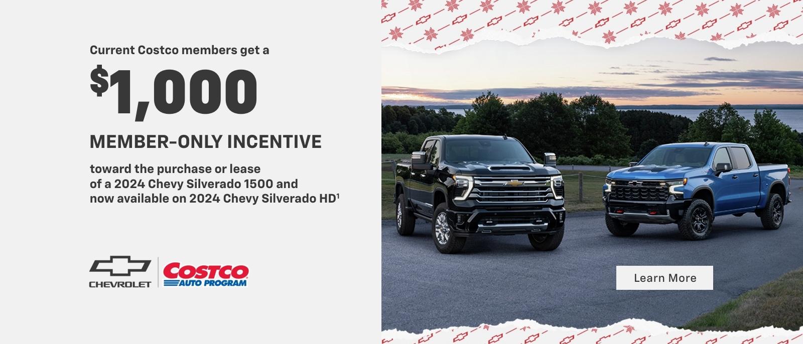 Current Costco members get a $1,000 member-only incentive toward the purchase or lease of a 2024 Chevy Silverado 1500 and Silverado HD.