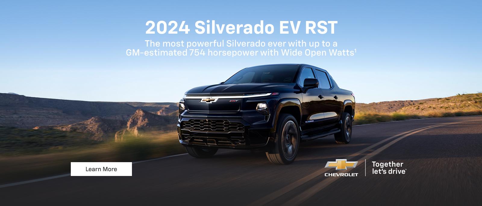 2024 Silverado EV RST. The most powerful Silverado ever with up to a GM-estimated 754 horsepower with Wide Open Watts