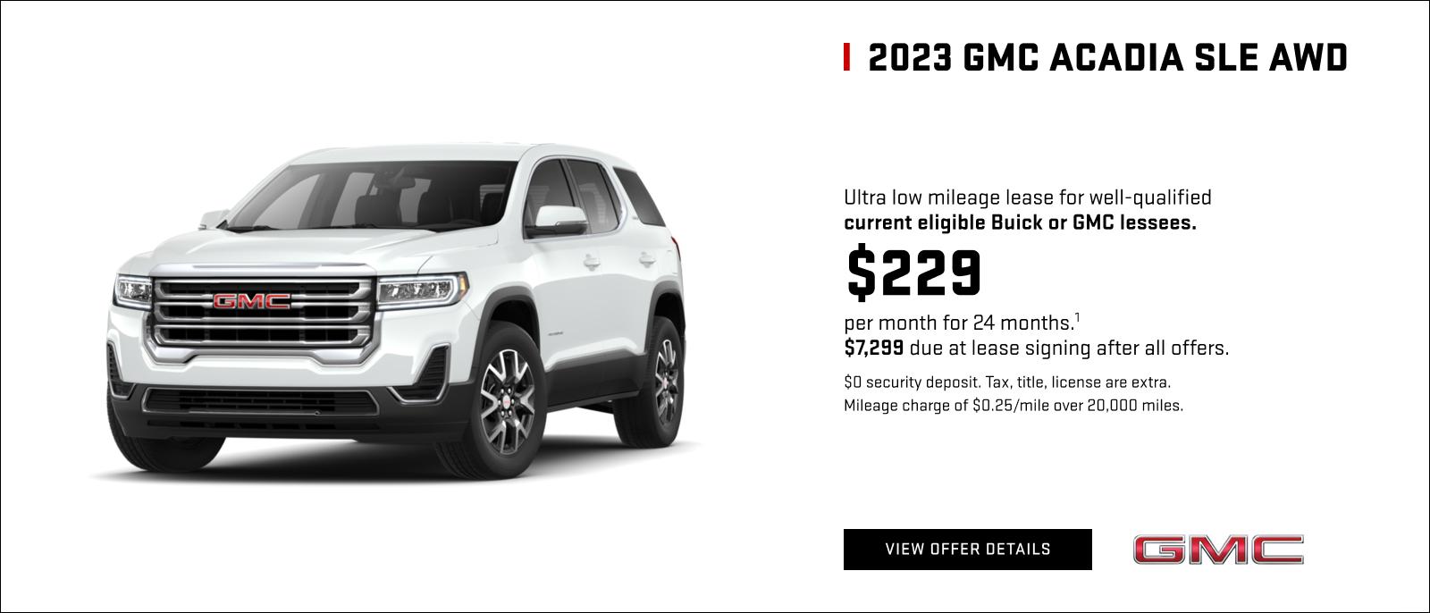 Ultra low mileage lease for well-qualified current eligible Buick or GMC lessees. 

$229 per month for 24 months.1 

$7,299 due at lease signing after all offers. 
$0 security deposit. Tax, title, license are extra. Mileage charge of $0.25/mile over 20,000 miles.