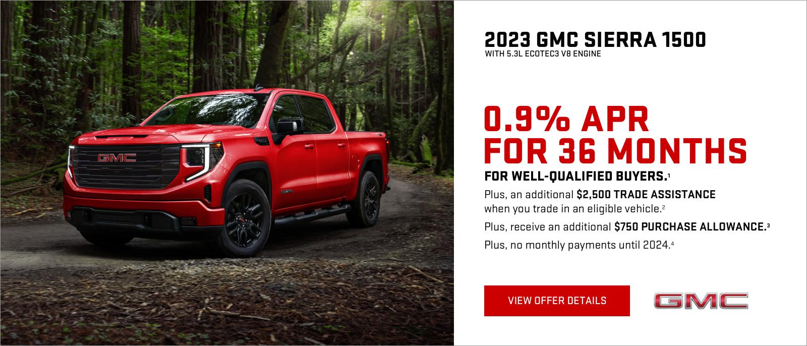 0.9% APR for 36 MONTHS for well-qualified buyers.1

Plus, an additional $2,500 TRADE ASSISTANCE when you trade in an eligible vehicle.2

Plus, receive an additional $750 PURCHASE ALLOWANCE.3

PLUS, NO MONTHLY PAYMENTS UNTIL 2024. 4