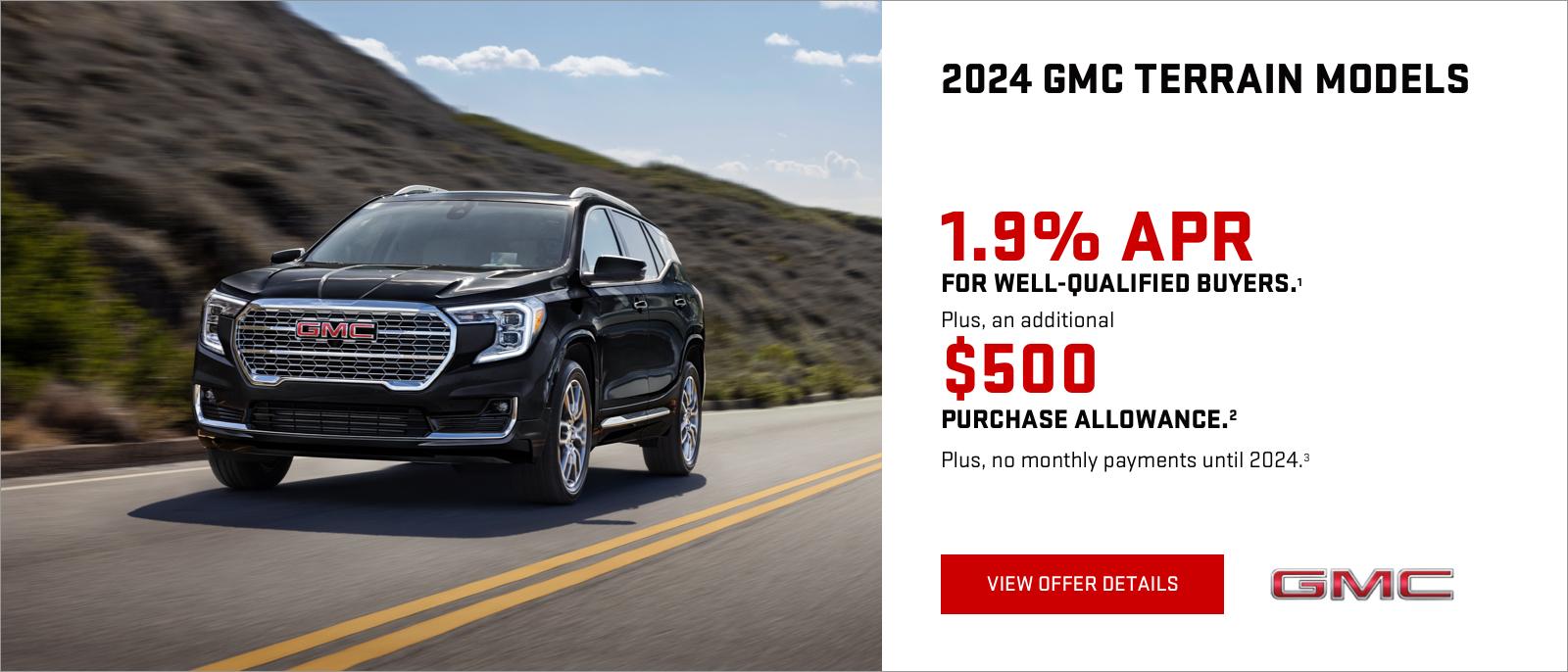 1.9% APR for well-qualified buyers.1

Plus, receive an additional $500 PURCHASE ALLOWANCE.2

PLUS, NO MONTHLY PAYMENTS UNTIL 2024. 3
