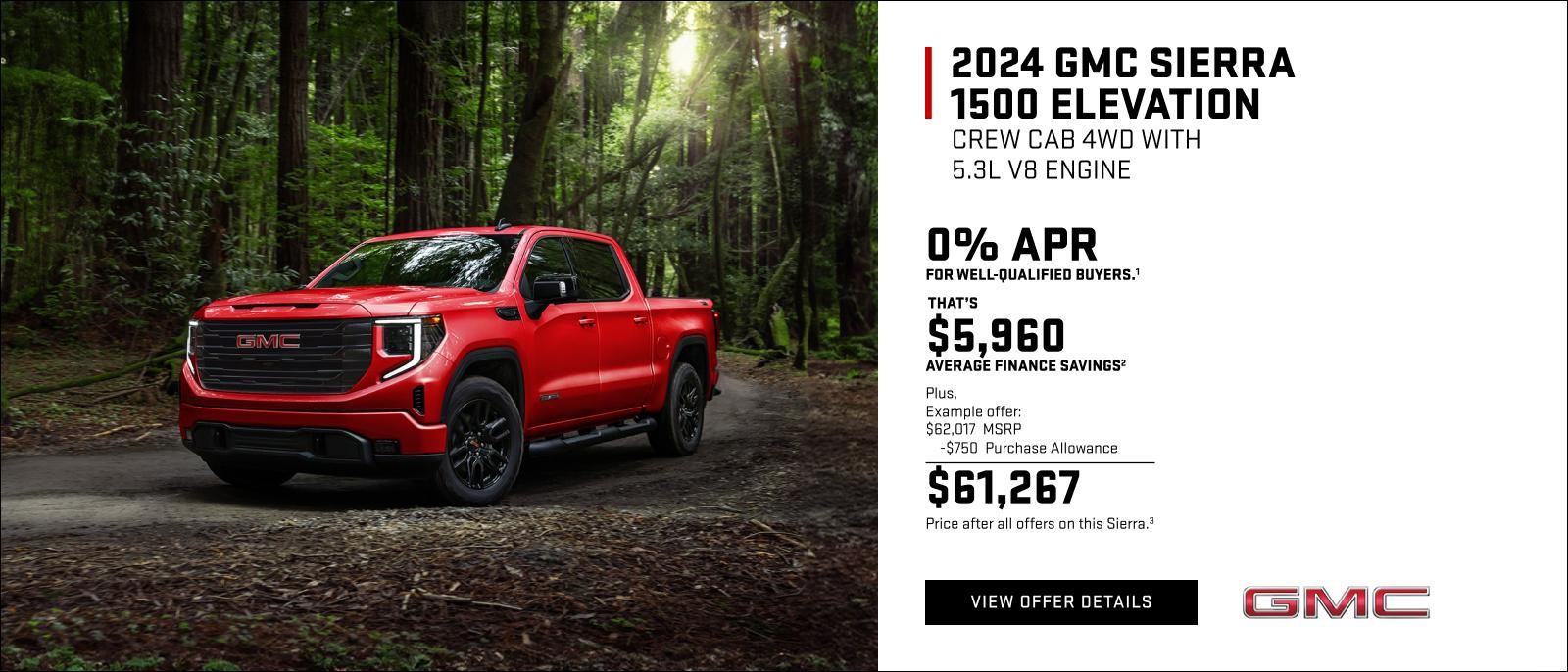 0% APR for well-qualified buyers.1

That's $5,960 Average Finance Savings2

Plus,

Example offer: 
$62,017 MSRP
$750 Purchase Allowance
$61,267 Price after all offers on this Sierra.3