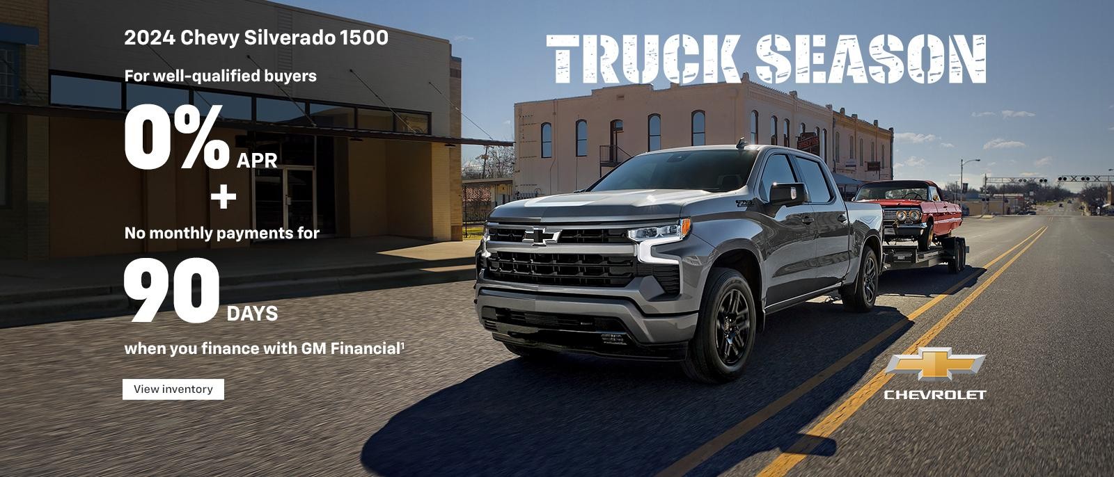 2024 Chevy Silverado 1500. Bring on the tough stuff. For well-qualified buyers 0% APR + No monthly payments for 90 days when you finance with GM Financial.