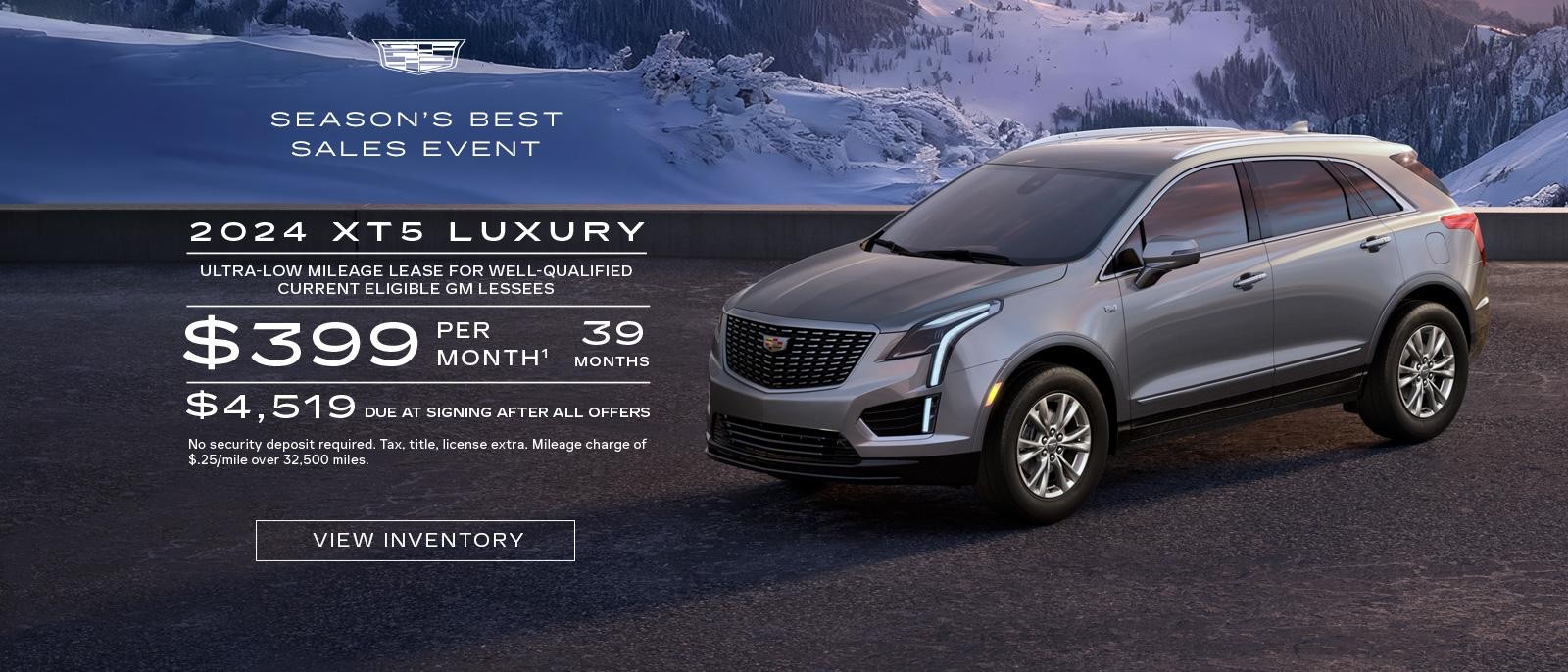 2024 XT5 LUXURY. Ultra-low mileage lease for well-qualified current eligible GM lessees. $399 per month. 39 months.  $4,519 Due at signing.