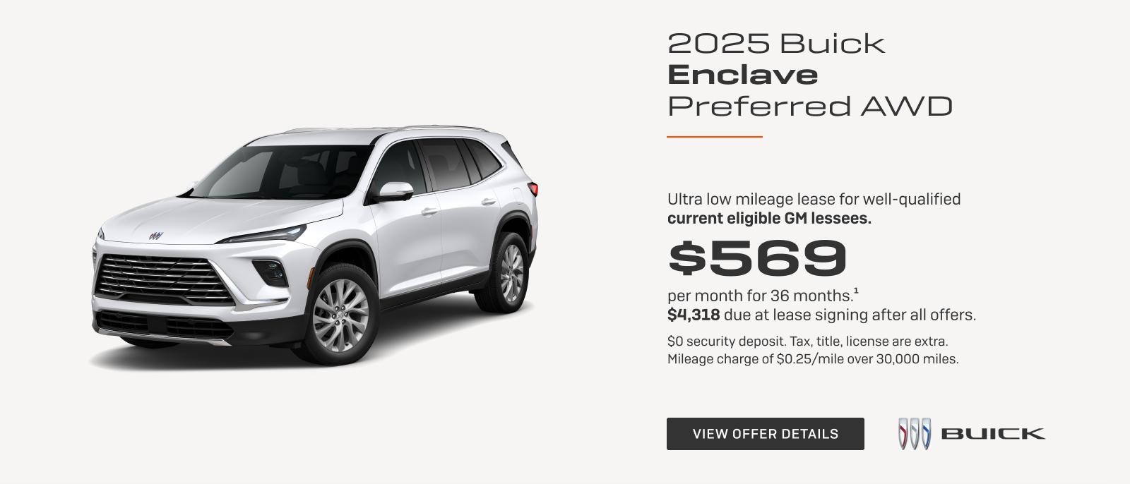 Ultra low mileage lease for well-qualified current eligible GM lessees.

$569 per month for 36 months.1 

$4,318 due at lease signing after all offers.
$0 security deposit. Tax, title, license are extra. Mileage charge of $0.25/mile over 30,000 miles.